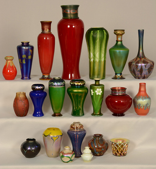 The auction is packed with many Tiffany art glass pieces, especially Favrile vases. Woody Auction image.